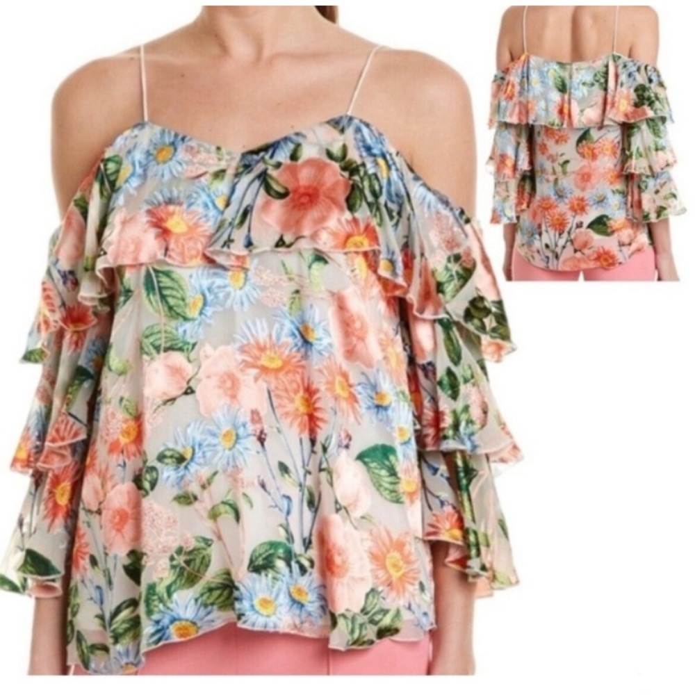 ALICE+OLIVIA MARYLEE SILK BLEND FLORAL OFF THE SHOULDER SEXY FEMININE BLOUSE - Picture 2 of 14